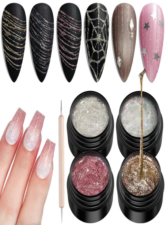 Fcozpjk Spider Gel for Nails, 4 Colors Reflective Spider Gel for Nail Art Dazzling Glitter Gold Silver Pink Holographic Gels Polish with Dotting Pen Liner Paint Wire Drawing Design Manicure UV Cure - Image 1